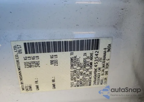 2017 Nissan Maxima 3.5S z USA, uszkodzony, nr VIN 1N4AA6AP8HC453542